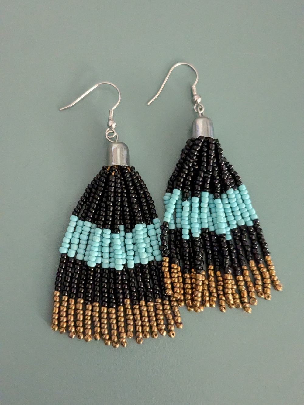 Beaded Tassel Earrings - Black, Turquoise & Gold
